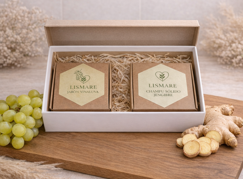 Pack-lismare-baño-sostenible-cabello-seco-jengibre-jabon-uva